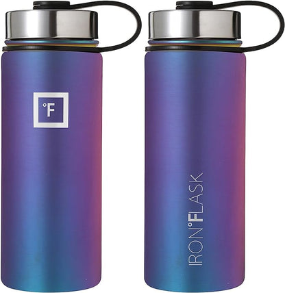 IRON °FLASK Camping & Hiking Hydration Flask, Wide Mouth, 3 Straw Lids, Stainless Steel Outdoor Water Bottle, Double Walled, Insulated Thermos, Metal Canteen - Aurora, 18 Oz