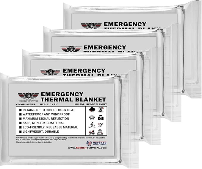 EVERLIT Survival Emergency Mylar Thermal Blanket, Foil Space Blanket Designed for NASA, Body Warmer Blanket for Outdoor, First Aid, Camping Gear, Hiking Travel (Silver, 4 Pack)