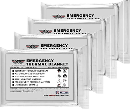 EVERLIT Survival Emergency Mylar Thermal Blanket, Foil Space Blanket Designed for NASA, Body Warmer Blanket for Outdoor, First Aid, Camping Gear, Hiking Travel (Silver, 4 Pack)