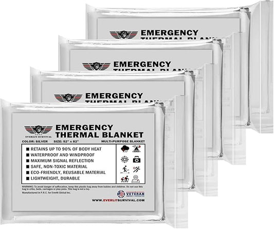 EVERLIT Survival Emergency Mylar Thermal Blanket, Foil Space Blanket Designed for NASA, Body Warmer Blanket for Outdoor, First Aid, Camping Gear, Hiking Travel (Silver, 4 Pack)