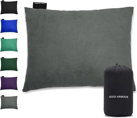 Gold Armour Camping Pillow Memory Foam - Compact Compressible Backpacking, Hammock, and Travel Pillows for Kids and Adults - Essential Outdoor & Camping Gear (Small 12 x 16in, Gray)