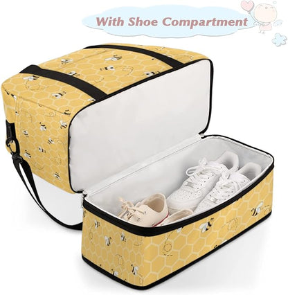 Sports Gym Duffel With Geometric Animal Bees Pattern - Travel Bag With Shoes Compartment, Waterproof Overnight, Workout Weekender for Boys Girls - Yoga Dance Tote for Women Men