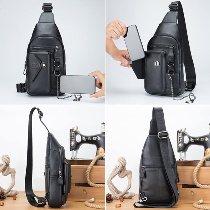 Vintage Genuine Leather Sling Bag Backpack for Men Crossbody with Cellphone Stand Chain Chest Shoulder Crossbody Daypack Black
