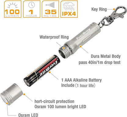 EverBrite Keychain LED Flashlight Mini Bright Key Ring Portable Pocket Torch for EDC, Party Favors, Night Reading, Camping, Power Outage, Emergency, AAA Battery Included, Gray
