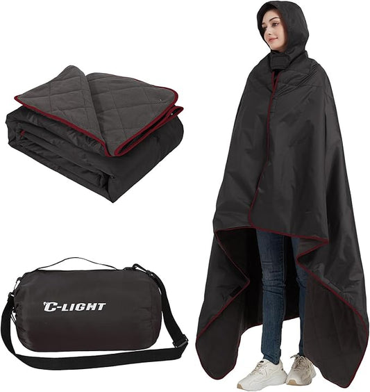 C-LIGHT Outdoor Hoodie Blanket - Stadium Blankets Waterproof Windproof 79’‘x59’‘ - Emergency Blanket for Rain&Cold Weather - Perfect for Picnic, Camping, Outdoor Sports Event, Stadium, Beach (Black)