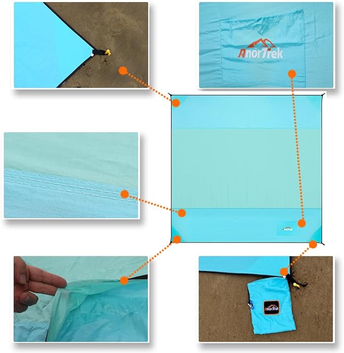 Beach Blanket Sandproof, Extra Large Beach Mat, Sand Free Mat Quick Drying, Lightweight, Soft & Durable Mat for Beach, Yard (Sky Blue & Mint Green, 6.6 x 6.6 FT (1～4 Person))