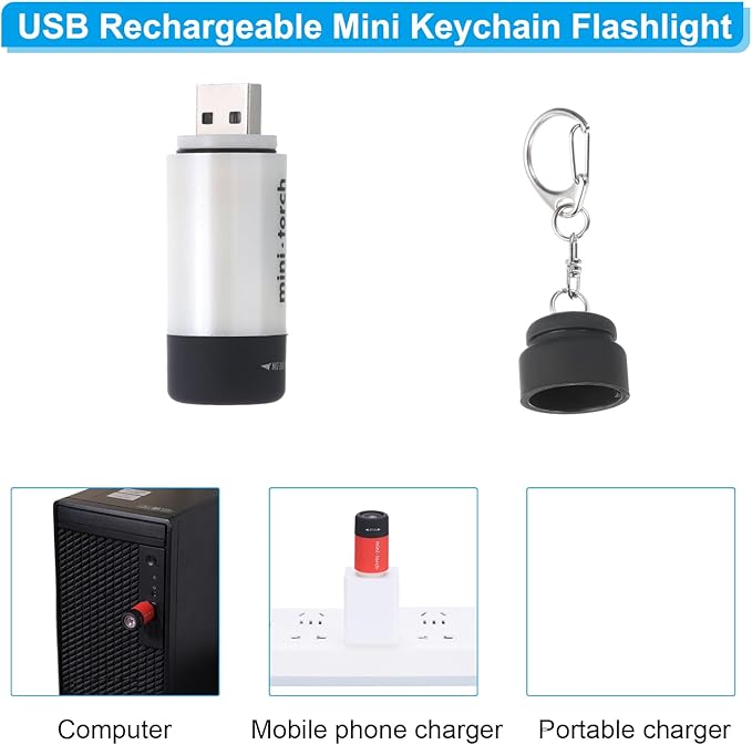 PATIKIL Mini Keychain Flashlight, Pocket LED Flashlight Portable Torch USB Rechargeable for Outdoor Camping Party, White