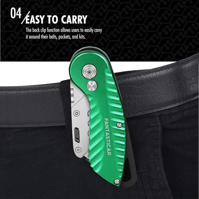 FantastiCAR Folding Utility Knife, Quick Blade Change Box Cutter, Anti-slip Metal Body, with Safety Lock and 5 Extra Blades (Summer Green)