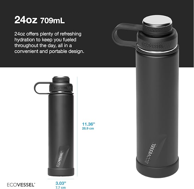 EcoVessel Stainless Steel Water Bottle with Insulated Dual Lid, Insulated Water Bottle with Strainer and Silicone Bottle Bumper, Coffee Mug – 24oz (Forest Horizon)