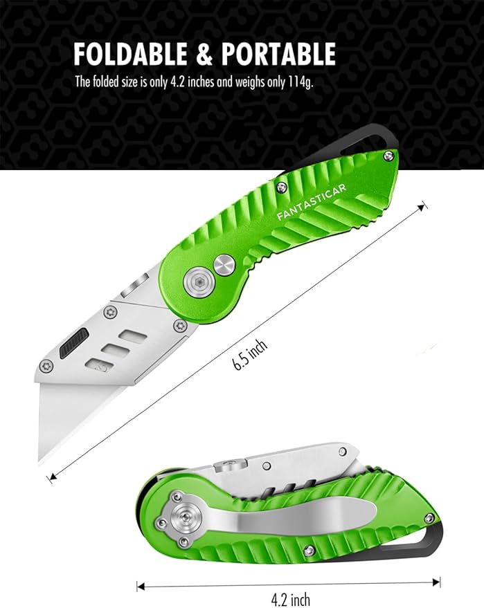 FantastiCAR Folding Utility Knife, Quick Blade Change Box Cutter, Anti-slip Metal Body, with Safety Lock and 5 Extra Blades (Spring Green)
