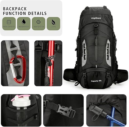 King'sGuard 60L Hiking Backpack Men Women Camping Backpack Waterproof Backpacking Mountaineering Climbing Daypack with Rain Cover (Black)
