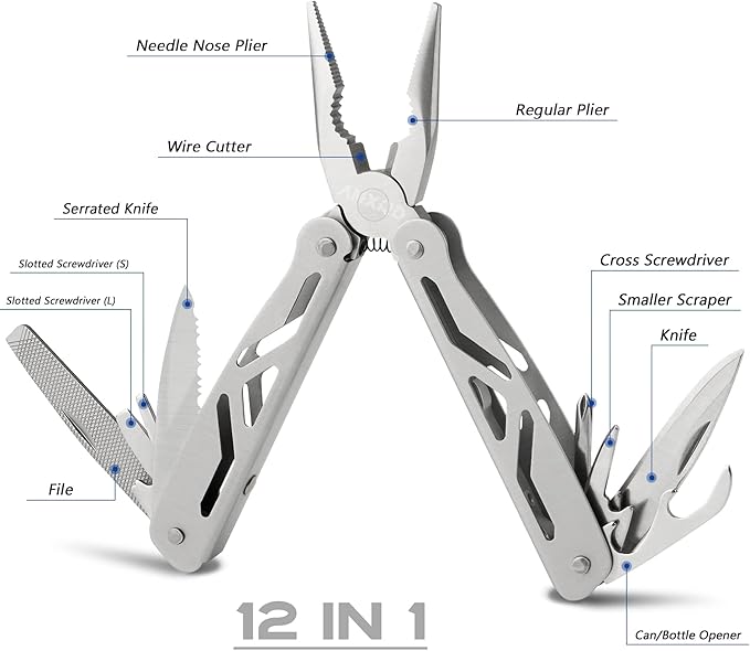 Multitool Pliers, 12-in-1 Hard Stainless Steel Foldable Multi Tool, Pocket Knife Camping Tool, Multi-pliers Used as Knife, Bottle Opener, Screwdriver, Sickle etc, Gifts for Men