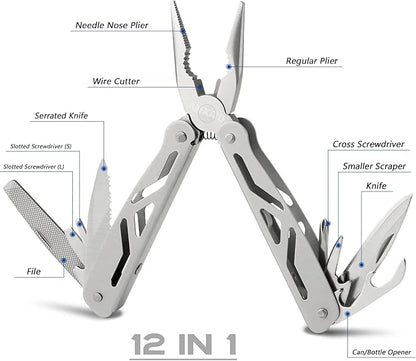 Multitool Pliers, 12-in-1 Hard Stainless Steel Foldable Multi Tool, Pocket Knife Camping Tool, Multi-pliers Used as Knife, Bottle Opener, Screwdriver, Sickle etc, Gifts for Men
