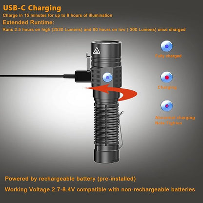 E37 USB C Rechargeable LED Handheld Flashlights, 2530 Lumens - Ultra-Compact and Super Bright for Daily Carry, Work, Camping, Hiking - Ideal for Emergency and Law Enforcement Use