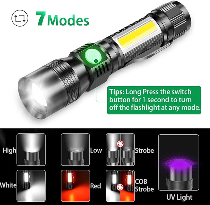 Blacklight flashlights, 3 in-1 Rechargeable Flashlights, UV Light Magnetic LED Flashlight High Lumens, 7 Mode Emergencies Camping flashlight, Tactical Waterproof Flash Light for Pet Urine Detection