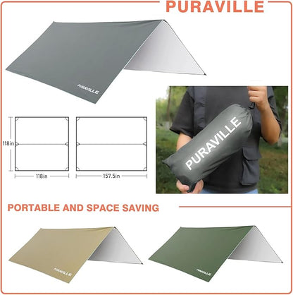 Puraville Rain Fly Camping Tarp 3000mm+ Ultra Waterproof Resistant Sun Shade Lightweight Hammock Tent Tarp with Multifunctional Camping Accessories (10X10 ft Grey)