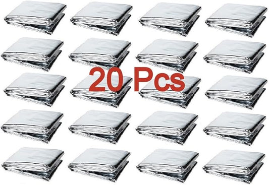 GALAXYLENSE Emergency Mylar Thermal Blanket for Survival First Aid Kits Army Outdoors Hiking Camping Bug Out Trauma Desert All Weather Condition Protection (20 Packs Silver)