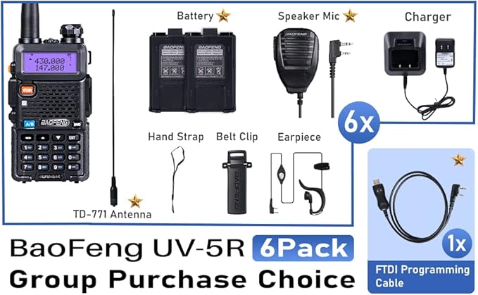 BaoFeng Radio UV-5R Ham Radio (6 Pack) 144-148Mhz/420-450Mhz + 1pcs TIDRADIO Driver Free Programming Cable + 12pcs 1800mAh Batteries BaoFeng Walkie Talkie