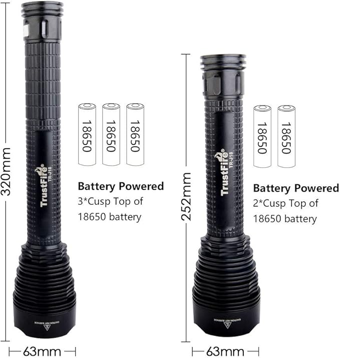 TrustFire LED Flashlight, J18 super Bright 8000 Lumens, Water Resistant 5 Light Modes Large Tactical Torch by 2X or 3X Rechargeable Battery (Battery Not Included)