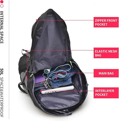 Bseash 50L Hiking Backpack, Water Resistant Lightweight Outdoor Sport Daypack Travel Bag for Camping Climbing Touring (Black - No Shoe Compartment)
