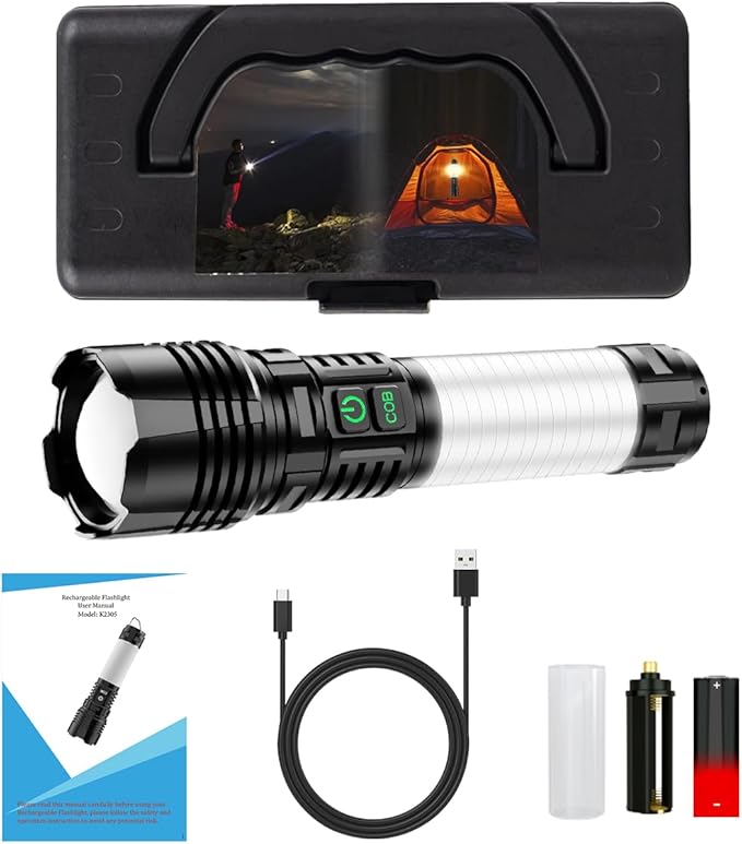 Flashlights High Lumens Rechargeable, 20,000LM Super Bright LED Flashlight with 360° COB Light, Hook, 8 Modes, Powerful Tactical Flash Light, Dual Button Pocket Small Flashlight for Camping,Emergency