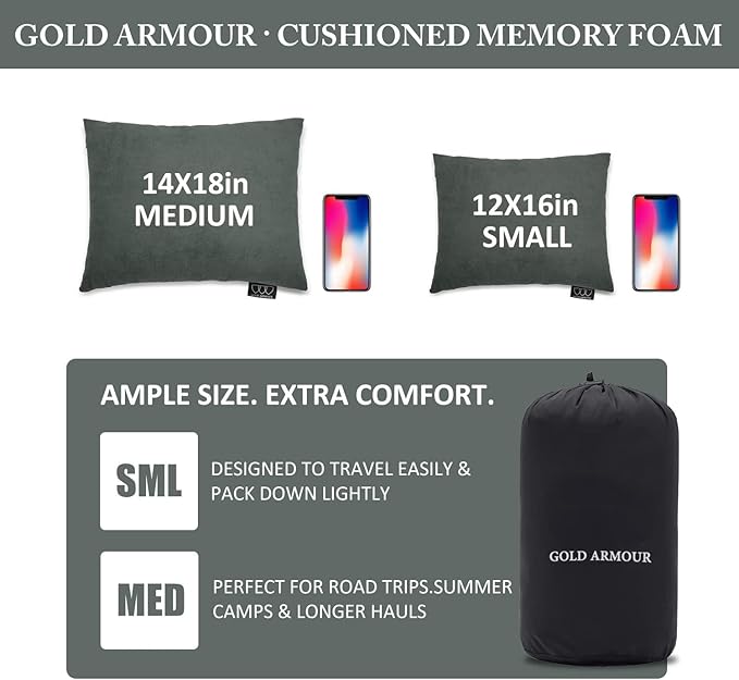 Gold Armour Camping Pillow Memory Foam - Compact Compressible Backpacking, Hammock, and Travel Pillows for Kids and Adults - Essential Outdoor & Camping Gear (Small 12 x 16in, Gray)