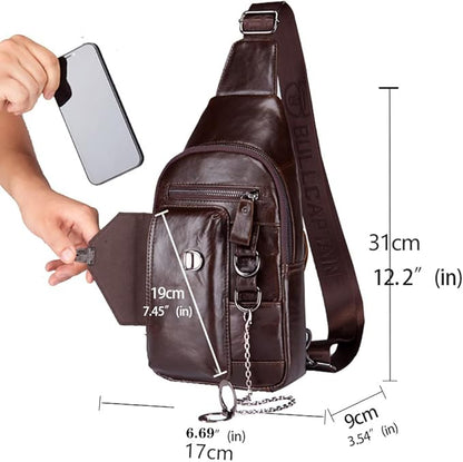 KPYWZER Vintage Genuine Leather Sling Bag Backpack for Men Crossbody with Cellphone Stand Chain Chest Shoulder Crossbody Daypack Coffee