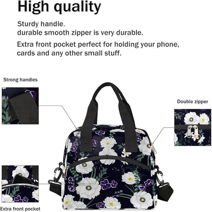 Flower Floral White Insulated Lunch Bags for Women Men Adult Reusable Lunch Tote Therma Cooler Bag with Shoulder Strap Lunch Box for School Work Office Picnic Meal Prep Bag