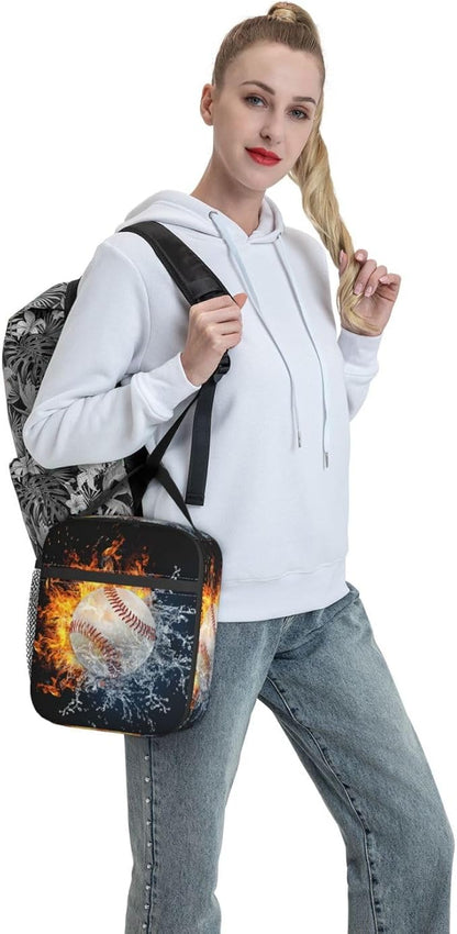 White Baseball Stitches Lunch Box,Cool Fire Water Sport Lunch Bag Sport Insulated for Men Women, Portable Kids Lunch Bag Reusable Baseball Cooler lunchbox for School Work Travel