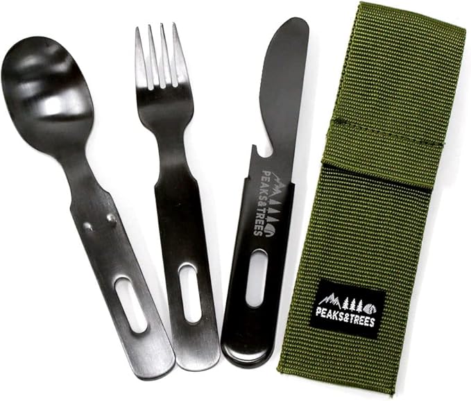 18/0 Stainless Stell Fork Spoon Knife set 3 in 1 Portable Camping Utensils with case 【made in Japan】 (Black)