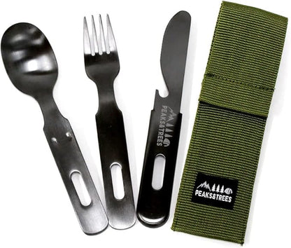 18/0 Stainless Stell Fork Spoon Knife set 3 in 1 Portable Camping Utensils with case 【made in Japan】 (Black)
