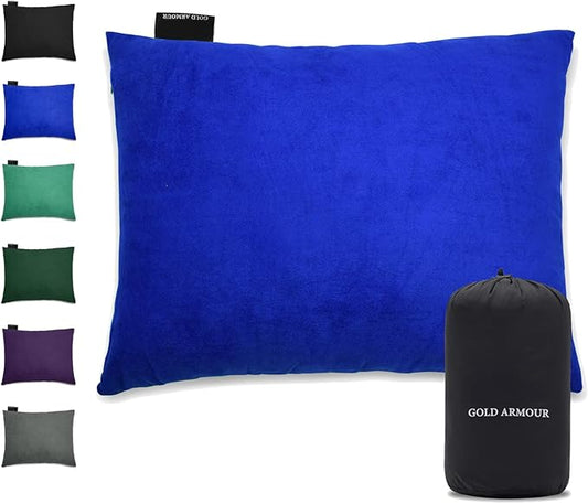 Gold Armour Camping Pillow - Backpacking and Travel Pillow for Sleeping and Traveling - Compressible Memory Foam Travel Pillow - Essential Camping Accessories Gear (Medium 14x18in, Blue)