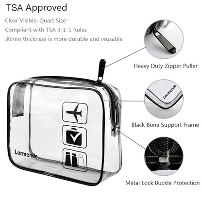 Lermende 2pcs Clear Toiletry Bag TSA Approved Travel Bag,Carry On for Travel,Airport Airline Accessories Compliant Bag,Quart Sized Makeup Cosmetic bag Women Men (Black Gray Blue, 3 Pack)