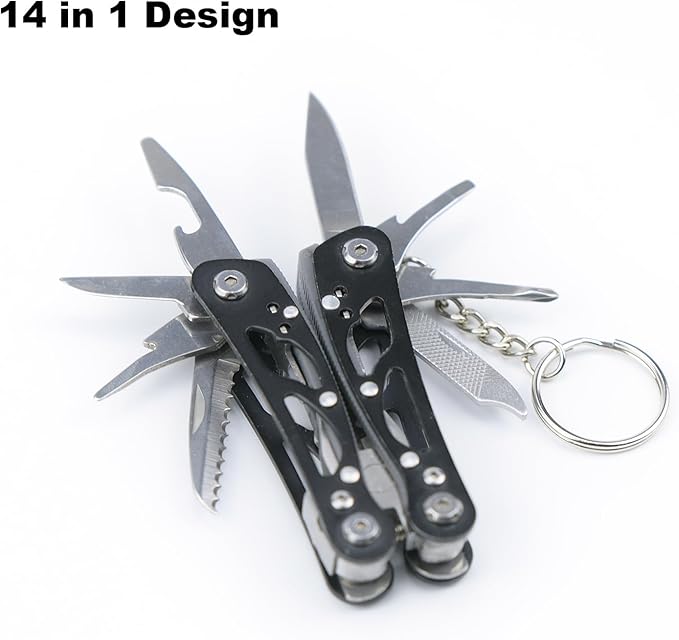 MINI Multitool Pliers, Multitool 14-in-1 Stainless Steel Multi Tools, Replaceable Bits Multitools for Outdoor, Black Camping and Survival Tools, Portable Computer and Bike Gadgets