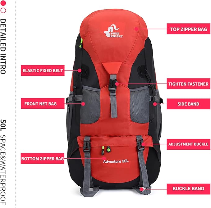 Bseash 50L Hiking Backpack, Water Resistant Lightweight Outdoor Sport Daypack Travel Bag for Camping Climbing Touring (Red - No Shoe Compartment)