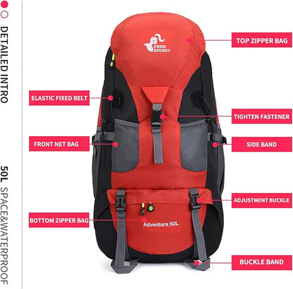 Bseash 50L Hiking Backpack, Water Resistant Lightweight Outdoor Sport Daypack Travel Bag for Camping Climbing Touring (Red - No Shoe Compartment)