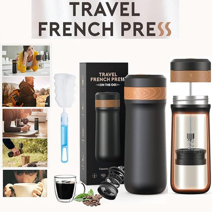 Classic Portable French Press Coffee Mug 12 oz with Carry Loop, Stainless Steel French Press Coffee Maker, BPA Free Great for Camping and Travel