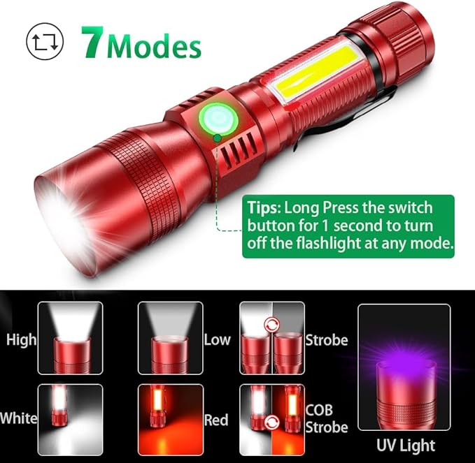 Black Light Flashlight, 3 in-1 Rechargeable Flashlights, UV Light Magnetic LED Flashlight High Lumens, 7 Mode Camping Waterproof Flashlight for Pet Urine Detection (1pack Red)