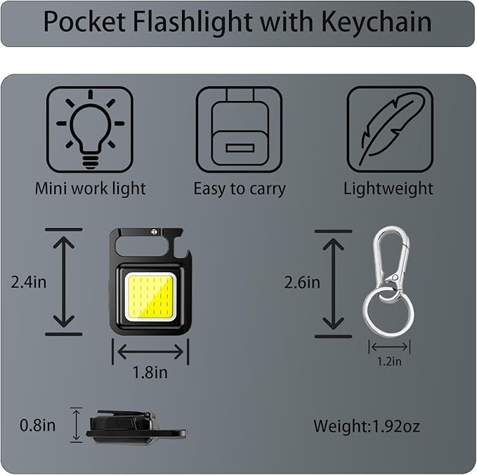 Keychain Flashlight Work Light with Two Keychains and 4 Lighting Modes Built-in Rechargeable Battery Designed for Emergency Lighting, Fishing, Camping and Walking Bottle openers