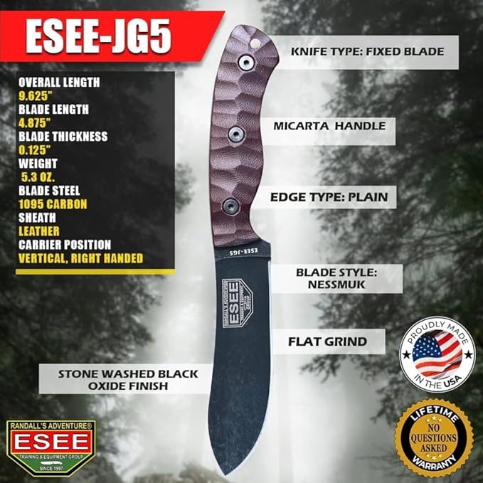 ESEE James Gibson Designed JG5 Nessmuk Fixed Blade Knife w/Sculpted Micarta Handles, Black Oxide Finish, and Brown Leather Pouch Sheath (Burgundy Sculpted Linen Micarta)