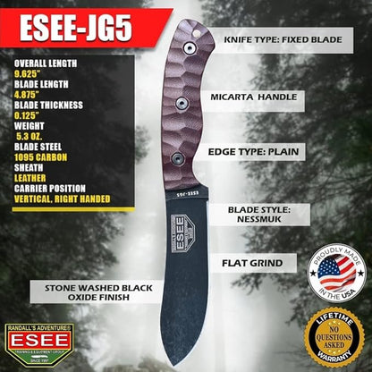 ESEE James Gibson Designed JG5 Nessmuk Fixed Blade Knife w/Sculpted Micarta Handles, Black Oxide Finish, and Brown Leather Pouch Sheath (Burgundy Sculpted Linen Micarta)