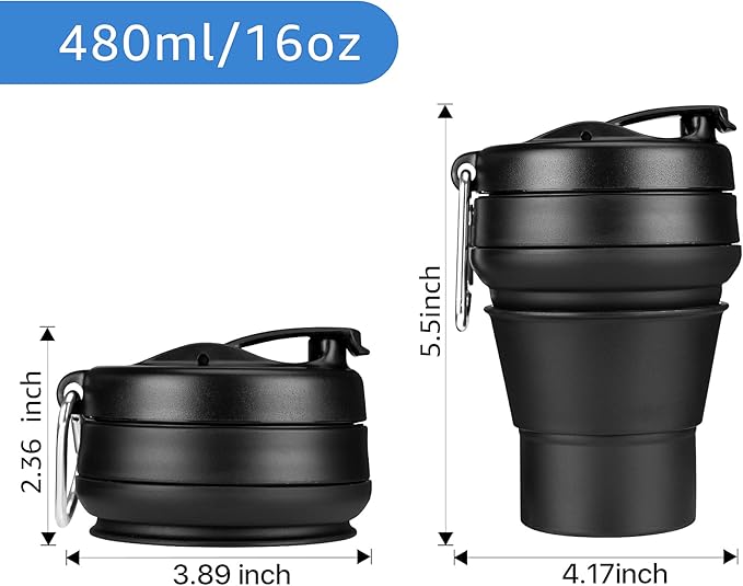 Collapsible Coffee Cup, 16 OZ 480ml Silicone Folding Camping Cup, Leak Proof BPA Free Portable Cup, Travel mug with Lids for hiking (Black)