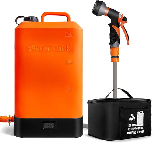 4.5 gallon/16L Silicone Water Tank,Portable Outdoor Shower,Electric Shower,8 Types of Multifunctional Shower Heads,Using Solar Heating Temperature Display,Suitable for Camping,Beach,and Hiking