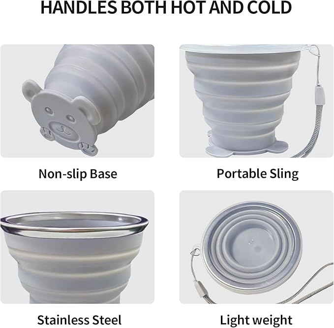2 pcs 180ML Silicone Small Foldable Cup-Expandable Folding Drinking Cup -Reusable Portable Mugs Cup with Lids For Travel, Camping, Hiking, Survival, Holiday, Outdoor Sports Purple+Grey
