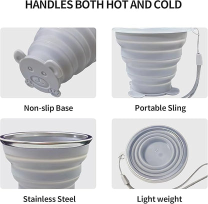2 pcs 180ML Silicone Small Foldable Cup-Expandable Folding Drinking Cup -Reusable Portable Mugs Cup with Lids For Travel, Camping, Hiking, Survival, Holiday, Outdoor Sports Purple+Grey