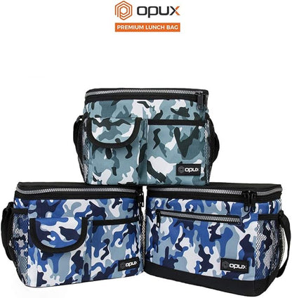 opux Insulated Lunch Box Men Women, Lunch Bag for Work School, Leakproof Soft Cooler Tote Adult, Large Lunch Pail Kids Boys Girls, Picnic Beach Food Bag with Shoulder Strap, Camo Blue