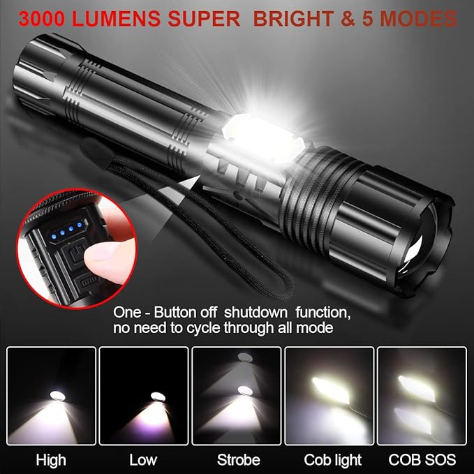 Rechargeable LED Tactical FLashlight 8000 High Lumens, Super Bright LED Flashlight with Power Display, Zoomable, COB Work Light,Waterproof,5 Modes,Powerful Handheld Flashlight for Camping 2 Pack