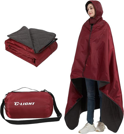 C-LIGHT Outdoor Hooded Blanket, Wearable Stadium Blankets Waterproof Windproof, Emergency Warm Blanket for Rain&Cold Weather - Perfect for Picnic, Camping, Outdoor Sports, Stadium,Beach (WineRed)