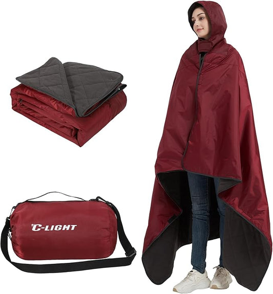 C-LIGHT Outdoor Hooded Blanket, Wearable Stadium Blankets Waterproof Windproof, Emergency Warm Blanket for Rain&Cold Weather - Perfect for Picnic, Camping, Outdoor Sports, Stadium,Beach (WineRed)