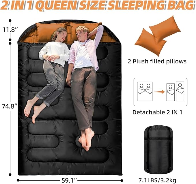 Double Sleeping Bags for Adults, 2 Person Camping Sleeping Bag for Cold Weather & Warm, Queen Size Sleeping Bag with 2 Pillow, Sleep Bag for Camping, Hiking, Backpacking